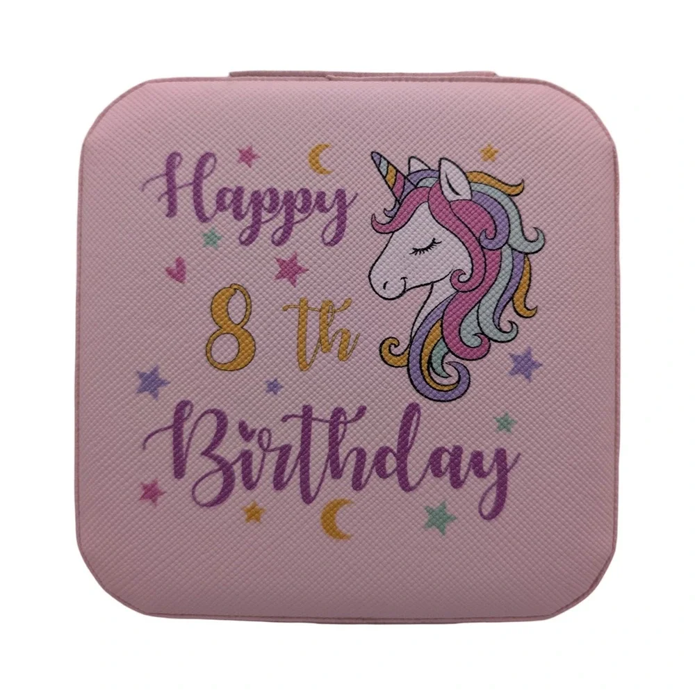 Happy 8th Birthday Unicorn Jewelry Box–Pink Travel Jewelry Organizer with Mirror